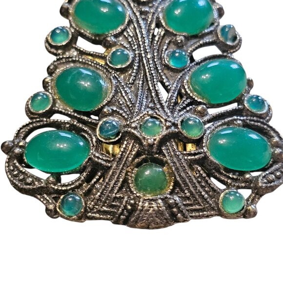 VTG Art Deco Green Leaf Cabochon Dress Clips Silver Tone 1930s 40s? Estate - Picture 3 of 12